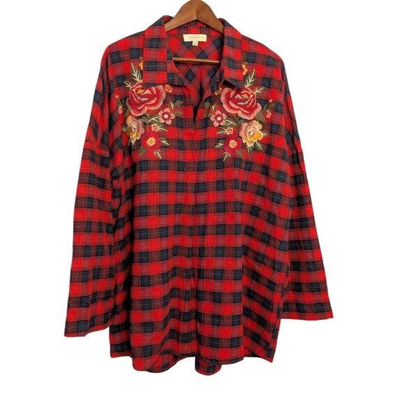 Umgee Tops - Umgee Womens 2XL Red Black Plaid Button-Down Shirt Floral Embroidery Long Sleeve